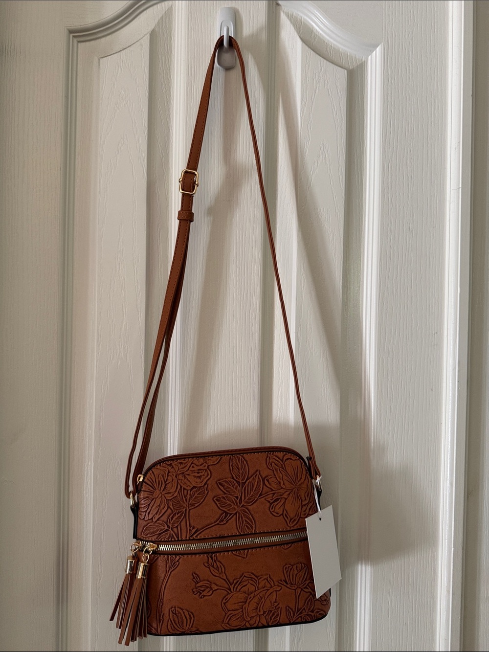 Floral Embossed Tan Crossbody Bag with Tassel